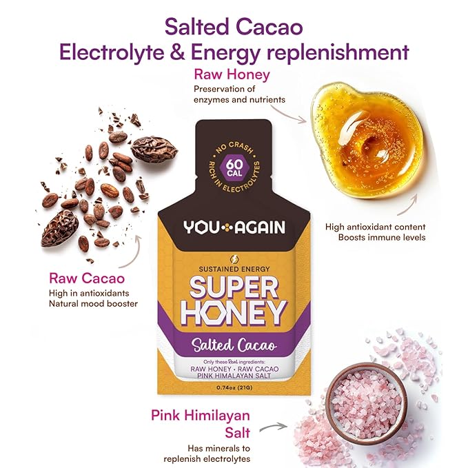 You Again Super Honey Clean Energy Gel, Himalayan Salted Cacao | Electrolyte Replenishment Running