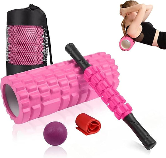 5 in 1 Foam Roller Set Includes Hollow Core Massage Roller, Yoga Stick, Massage Ball, Fitness