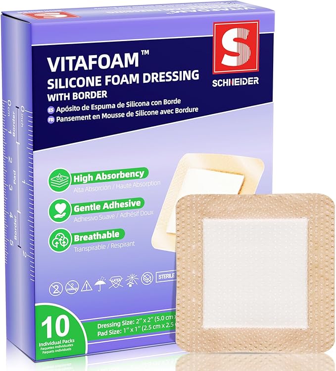 Silicone Foam Dressing 3" x 3" with Border, High Absorbency Wound Bandage, Gentle Adhesion, Soft