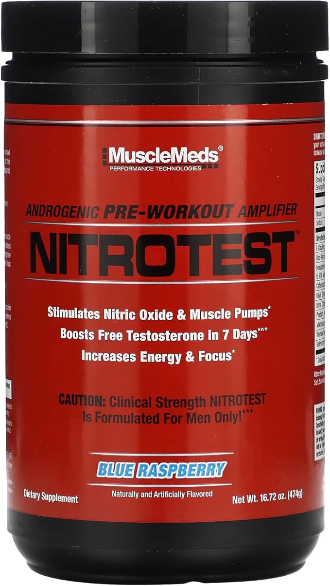 MuscleMeds Nitrotest Pre-Workout Supplement Drink, Boost Nitric Oxide, Testosterone, Blue