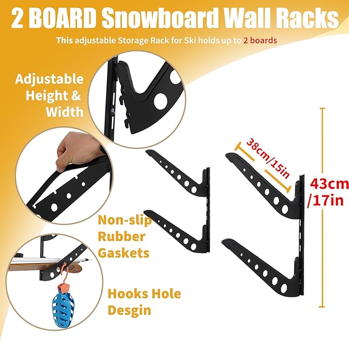 2 Board Snowboard Wall Racks, Adjustable Storage Rack for Ski, Surfboard, Wakeboard, Snowboard Wall