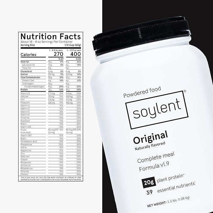 Soylent Complete Nutrition Meal Replacement Protein Powder, Original - Plant Based Vegan Protein