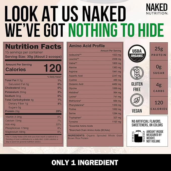 Naked Rice 1Lb - Organic Brown Rice Protein Powder - Vegan Protein Powder, GMO Free, Gluten Free &