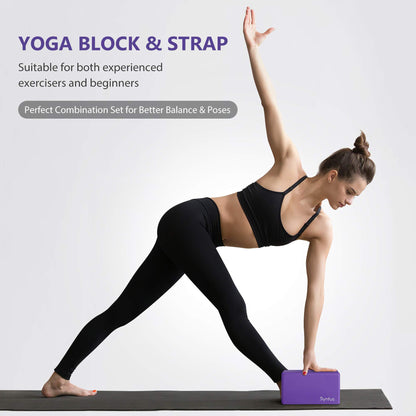 Syntus Yoga Block and Strap Set, 2 EVA Foam Soft Non-Slip Blocks 9×6×4 inches, 8FT Metal D-Ring