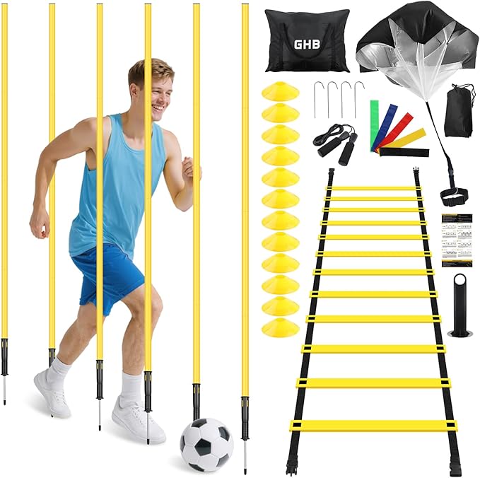 GHB Soccer Agility Training Equipment, 6 Agility Poles, 20ft Speed Ladder, 12 Disc Cones