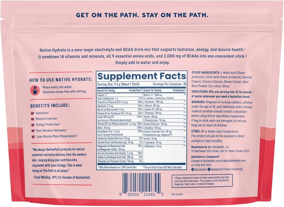 NativePath Native Hydrate Stick Packs, Sugar Free Electrolytes Powder with BCAAs, Mixed Berry