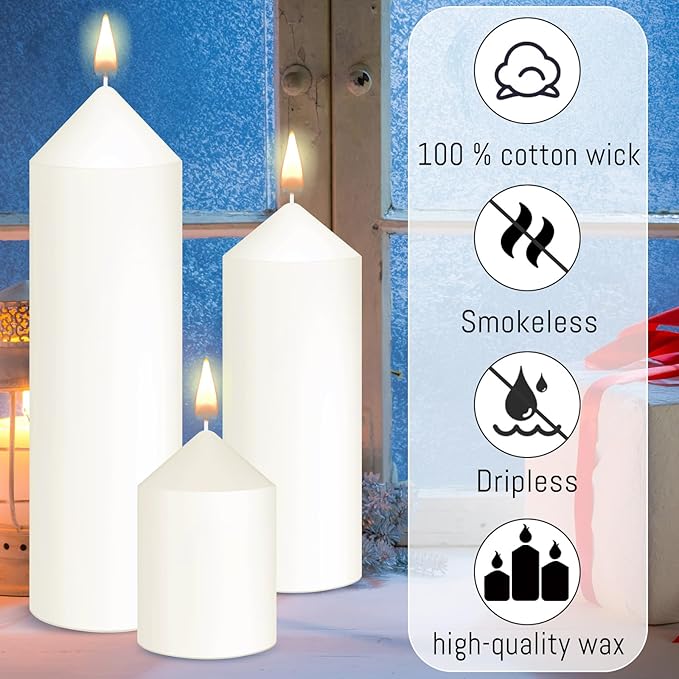 MTLEE Set of 60 White Pillar Candles Bulk 2 x 3, 2 x 5, 2 x 8 in Large Unscented Candle Tall