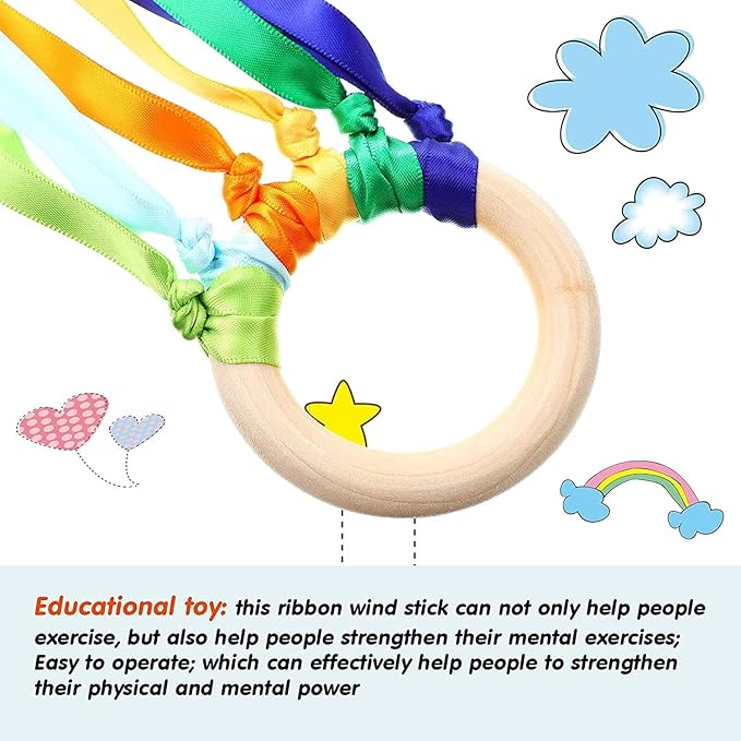12 Pcs Rainbow Ribbon Wooden Waldorf Toys Creative Waldorf Hand Kite Set Streamers with Wood Ring