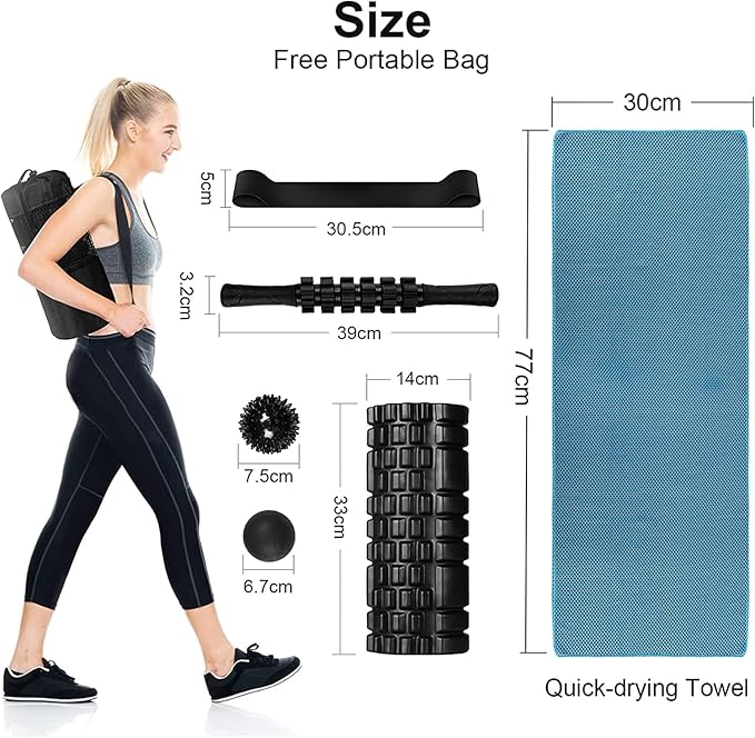 6 in 1 Foam Roller Set Includes Hollow Core Massage Roller, Yoga Stick, Massage Ball, Fitness