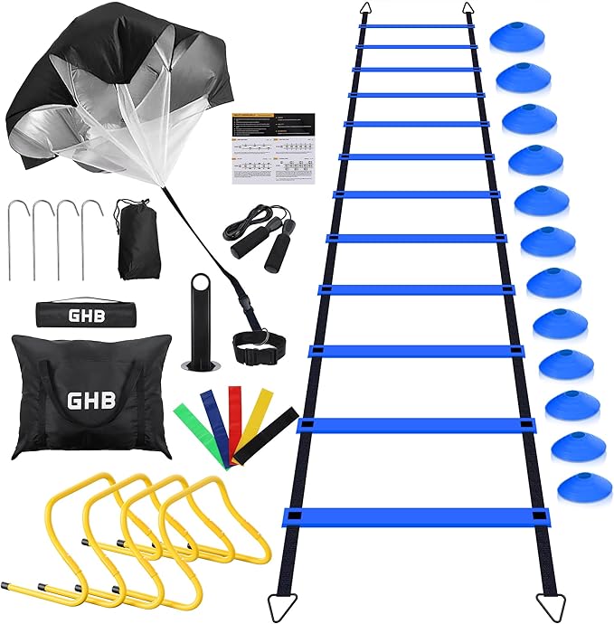 GHB Agility Ladder,Football Training Equipment Set,4 Agility Hurdles, 20 feet12 Rungs Speed
