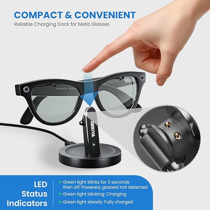 REIKIYA Charging Stand for Ray-Ban Meta Smart Glasses, Portable Charging Dock for Wayfarer