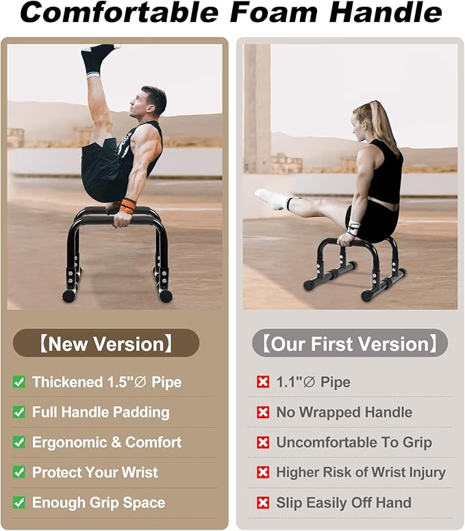 TABEKE Push Up Bar, 14'' High Steel Parallettes & Dip Bar with Full Coverage Foam Handle