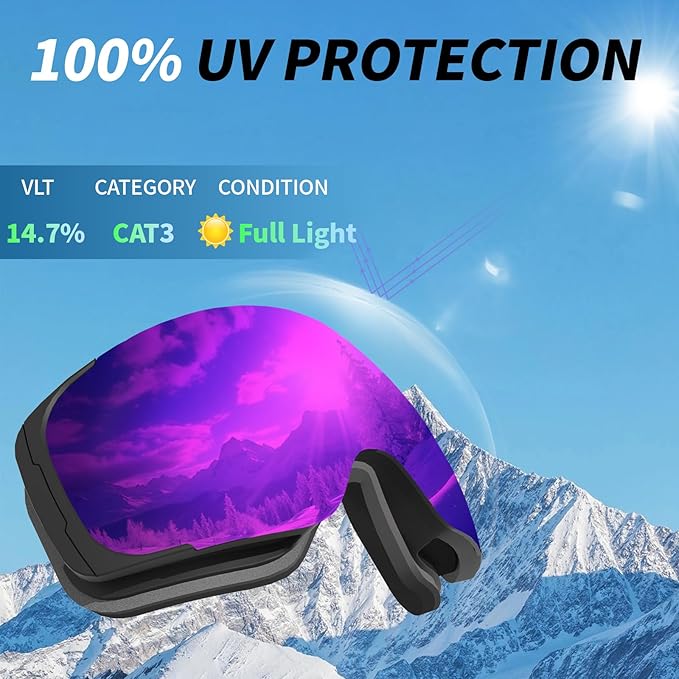 Ski Goggles for Men Women Adult & Youth, OTG Snowboard Goggles Anti Fog, Snow Goggles UV Protection