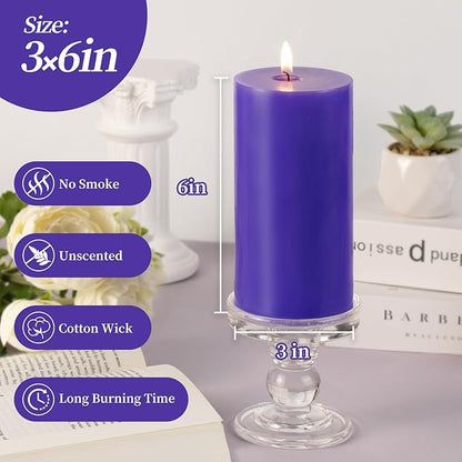 KONNI Violet Pillar Candles Set of 3, 3"x 6" Unscented Pillar Candles Bulk, 56 Hours Long Burning