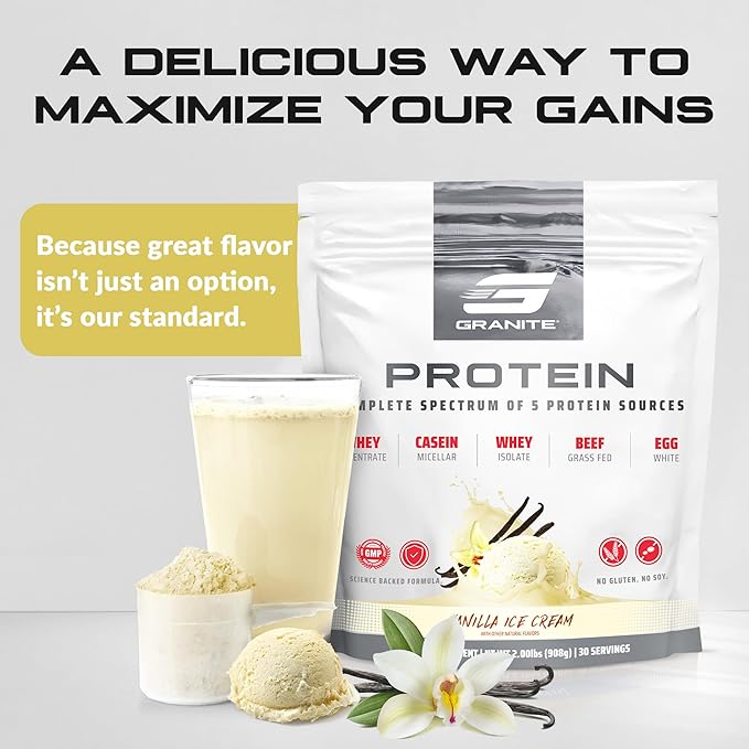 Granite Nutrition Protein Powder - Premium 5-Source Blend (Whey, Casein, Egg, Grass-Fed Beef) for