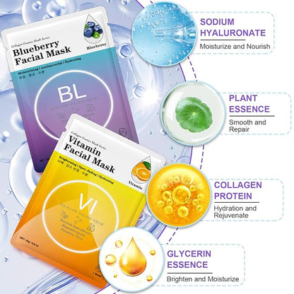 VESPRO 144 Pack Collagen Essence Sheet Facial Masks, Bulk Sheet Masks for Face, Hydrating Facial