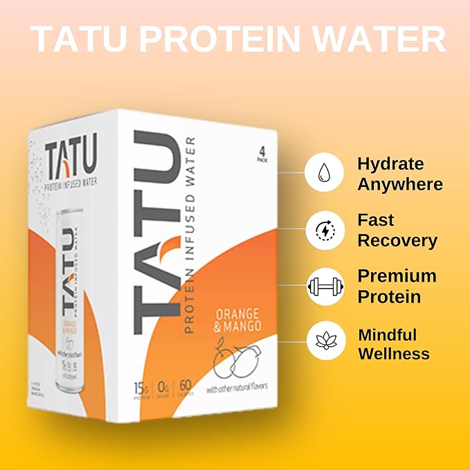 TATU Ready-To-Drink Protein Infused Water Orange Mango 4 Pack. 15 grams of whey protein isolate, 0