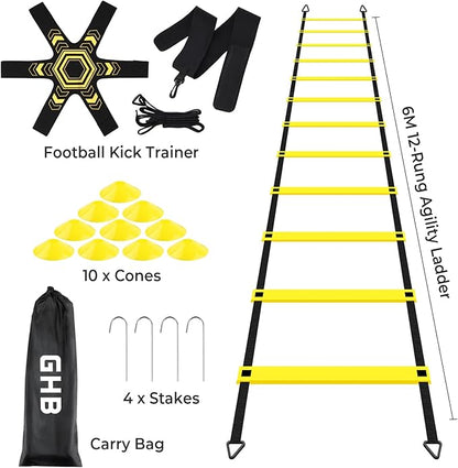 GHB Pro Agility Ladder Soccer Kick Trainer Set 20ft 12 Rung 10 Cones and 4 Stakes Speed Agility