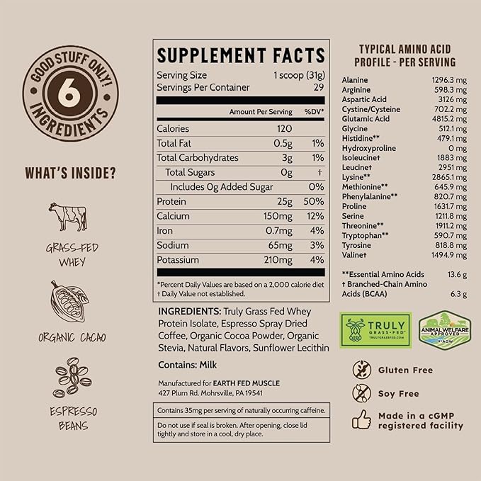 Earth Fed Muscle Magic Beans Mocha Truly Grass Fed Whey Protein Powder - No Artificial Ingredients