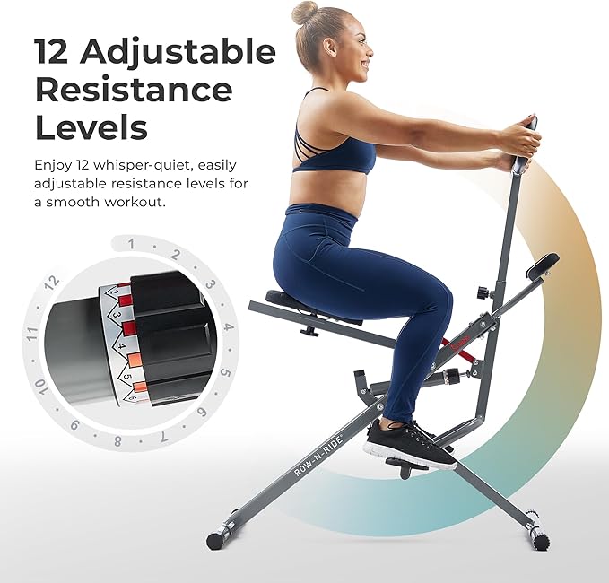 Sunny Health & Fitness Row-N-Ride PRO, Full Body Combo Squat Machine w/Optional Resistance Band