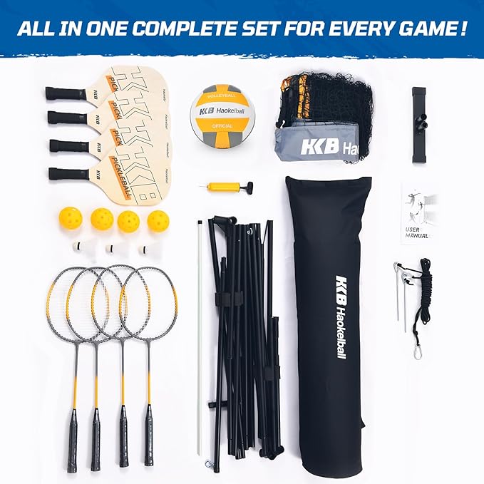 Haokelball Badminton Volleyball Pickleball Net Set, 22FT Portable All-in-One Nets System for