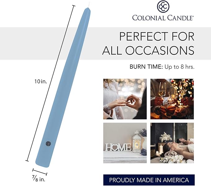 Colonial Candle Unscented Taper Candle, Handipt Collection, Coastal Blue, 10 in, Pack of 12 - Up to