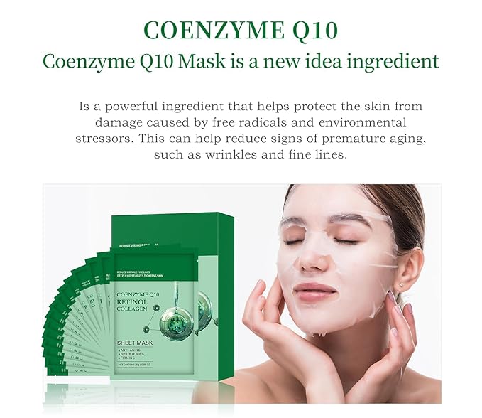 Pack of 10 Collagen Face Mask, Face Masks Skincare with Coenzyme Q10 Retinol Anti Aging Facial
