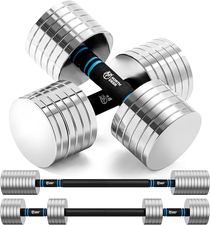 Northdeer V2.0 Upgraded Adjustable Steel Dumbbells 40LB / 60LB - 2 in 1 Dumbbell Barbell Set for