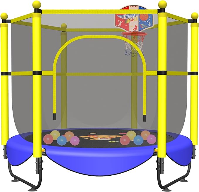 60" Trampoline for Kids, 5 FT Indoor & Outdoor Toddler Baby Trampoline with Basketball Hoop, Safety