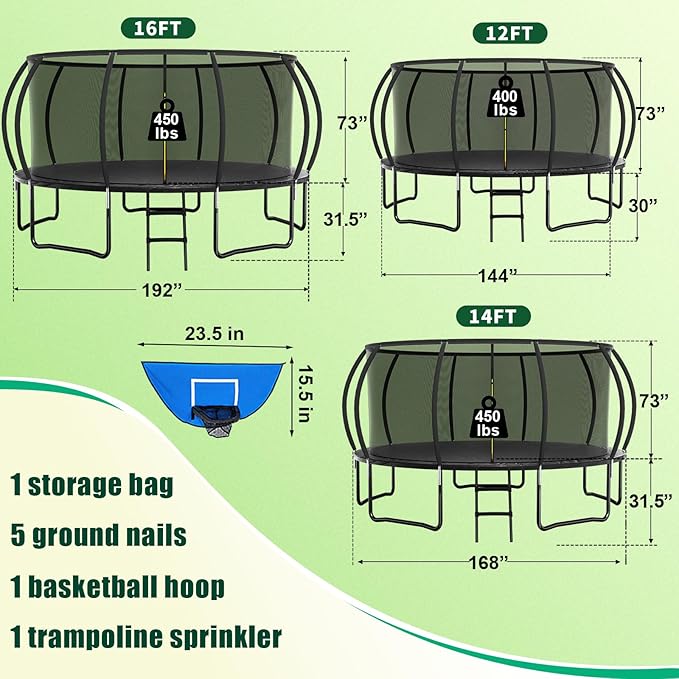 Trampoline 12FT 14FT 15FT 16FT for Kids/Adults - Outdoor Recreational with Enclosure Net Curved