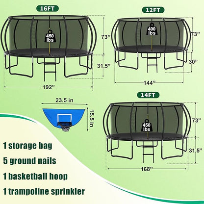 Trampoline 12FT 14FT 15FT 16FT for Kids/Adults - Outdoor Recreational with Enclosure Net Curved