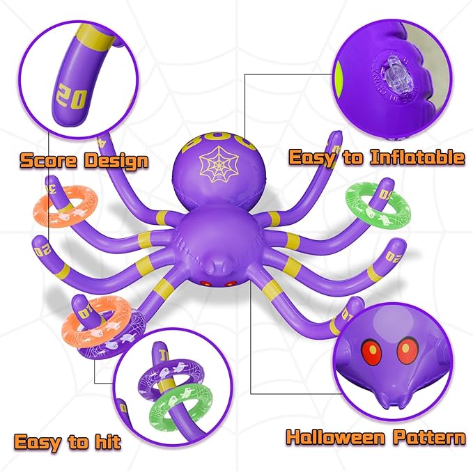 Halloween Spider Ring Toss Game, 2 Pack Inflatable Green and Purple Spiders with Rings and Pump
