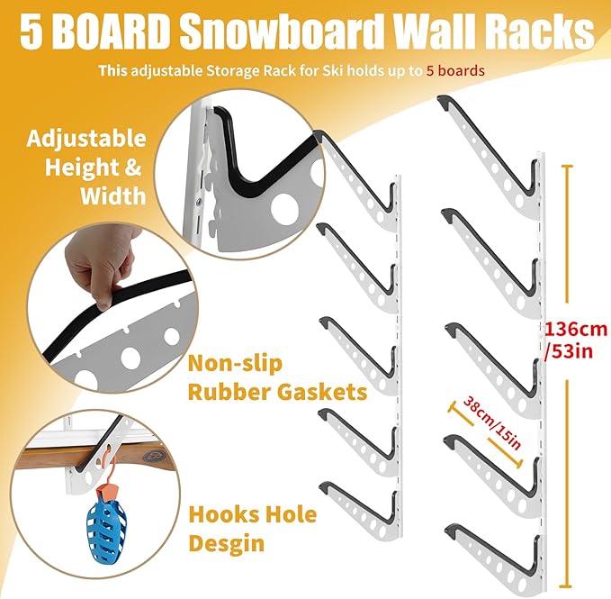 5 Board Snowboard Wall Racks, Adjustable Storage Rack for Ski, Surfboard, Wakeboard, Snowboard Wall