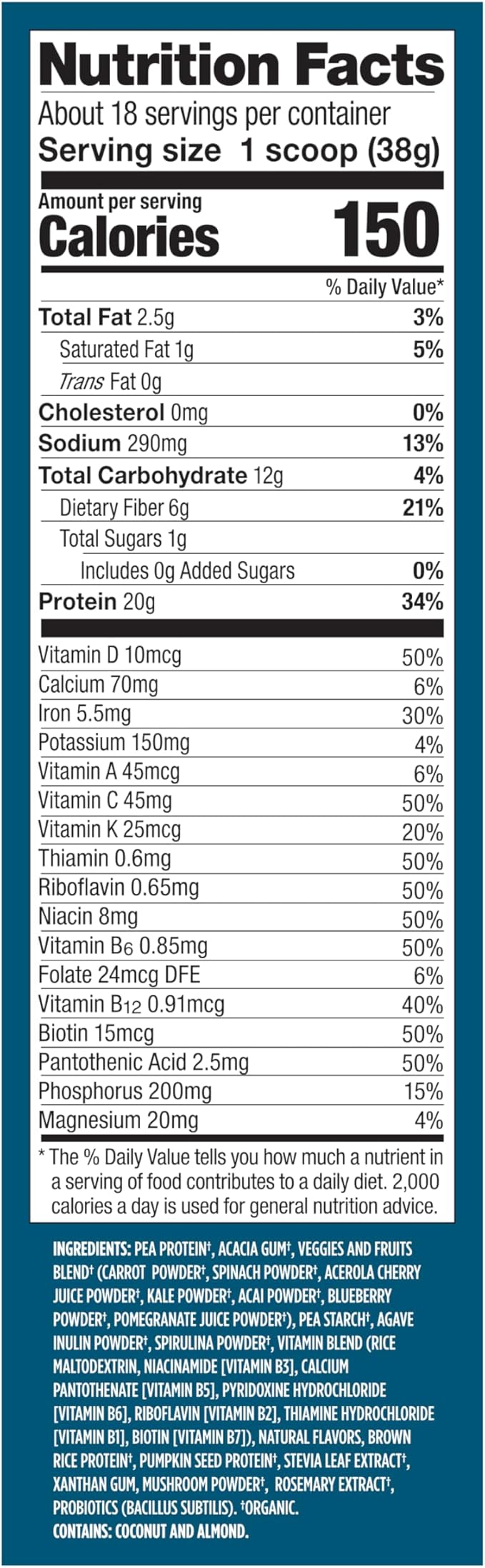 Vega All in One Nutrition Organic - 20g Plant-Based Pea Protein, Coconut Almond, 18 Servings