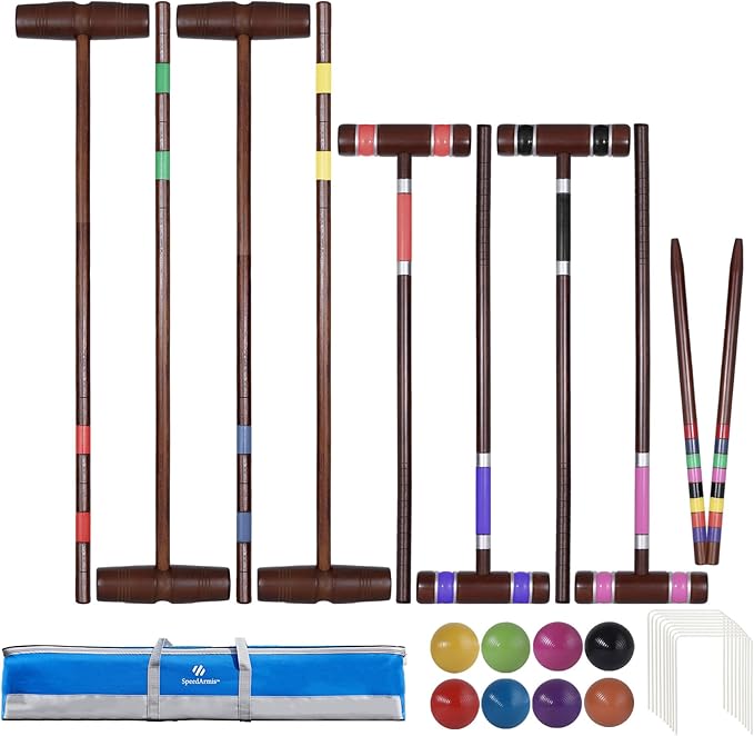 Deluxe 8 Players Croquet Set with 32In Regulation | 28In Standard Size Rubber Wood Mallets, Colored