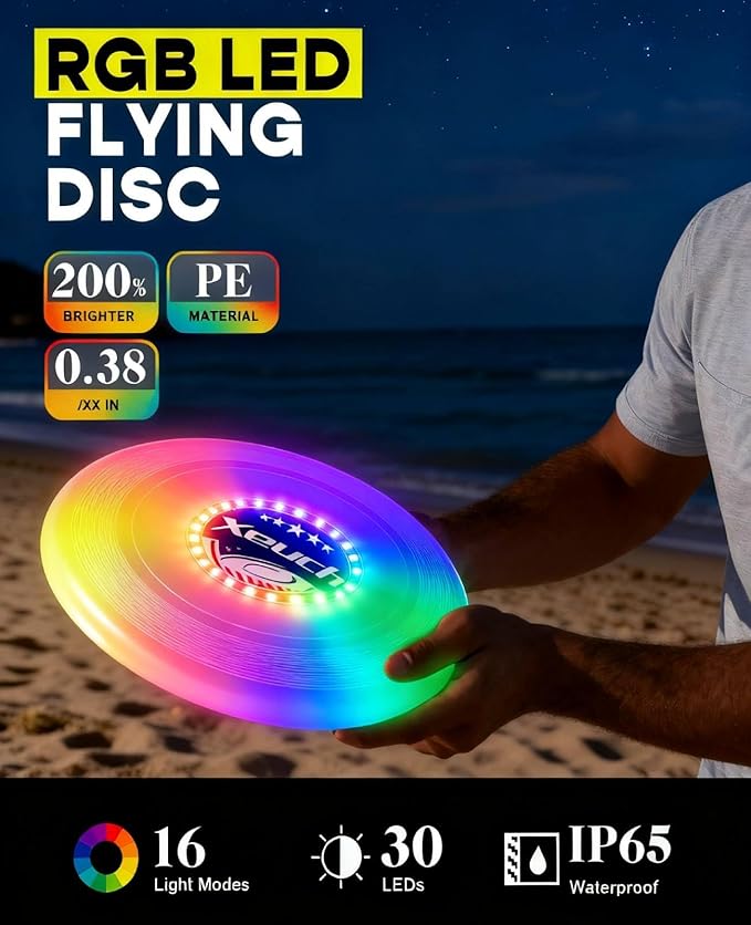 2 Pack Flying Disc, Glow Frisbee with 30 RGB LEDs, 16 Light Modes and 4 Brightness, 6-Hour