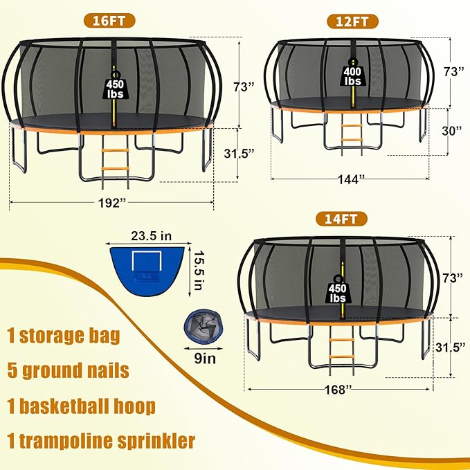 Trampoline 12FT 14FT 15FT 16FT for Kids/Adults - Outdoor Recreational with Enclosure Net Curved