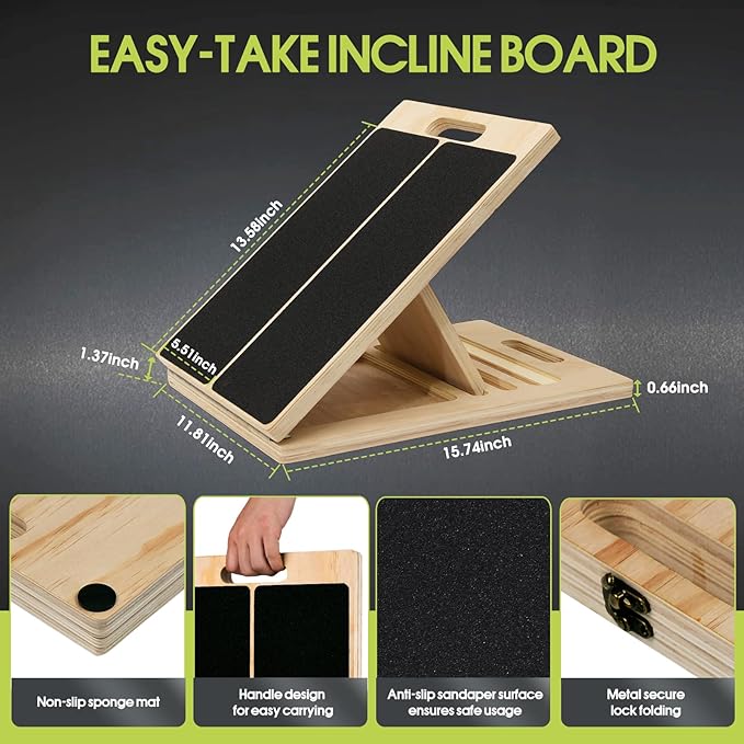 Portable Slant Board for Calf Stretching, 350 Lbs Weight Capacity, Adjustable Wooden Incline Board