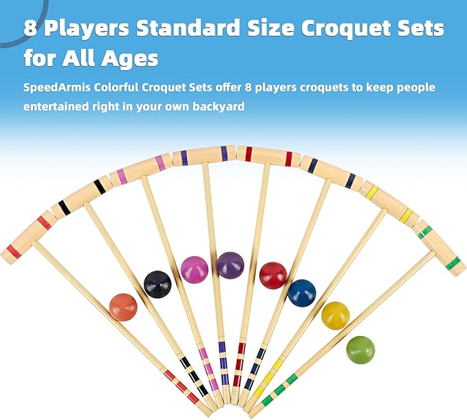 28In Croquet Party Set for 8 Players - Made of Long-Lasting Pine Wood, Family Fun for Backyards