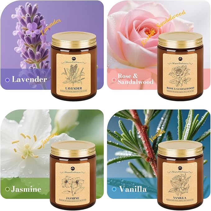 WarmEmbrace Lavender Candles, 4-Pack Scented Candle Set for Women, 7.6 oz Natural Organic Soy Wax