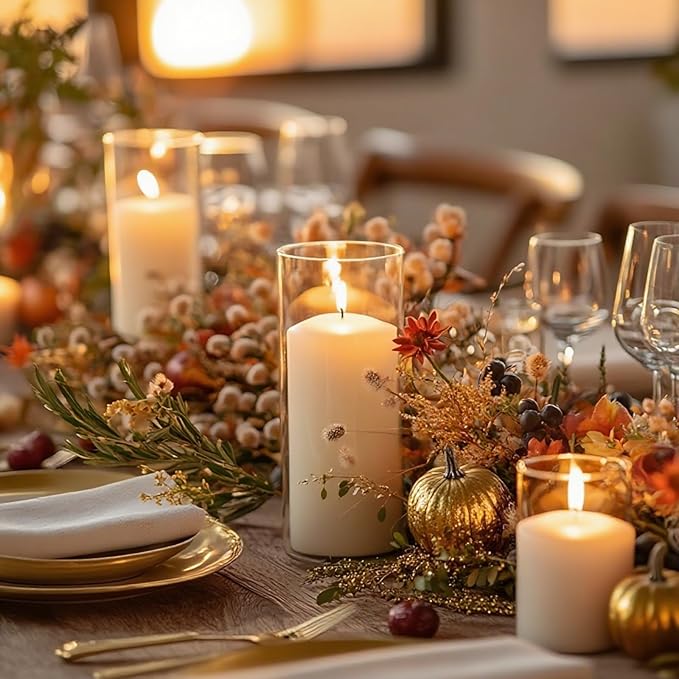 24 Pcs White Pillar Candles with Glass Candle Holder Hurricane Glass Candle Holders Clear Cylinder
