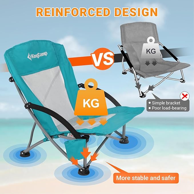 KingCamp Low Beach Chairs, Portable Folding Chair for Adults Extra Wide Ergonomic High Back Seat