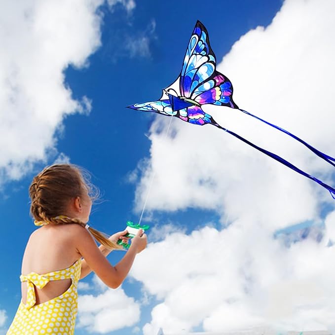 Simxkai Butterfly Kite for Kids & Adults, Easy to Fly Blue Big Kite for Beginners, Line Handle