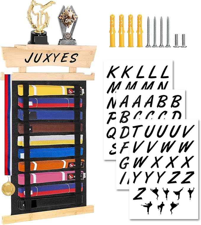 JUXYES Wall Hanging Martial Arts Belts Organizer with Trophy and Medal Display Rack, Bamboo Karate