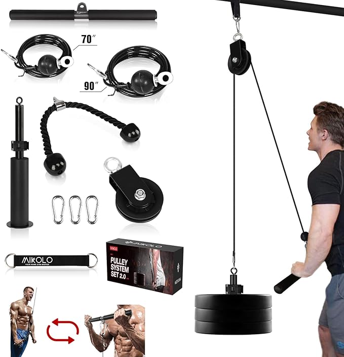Mikolo Fitness LAT and Lift Pulley System, Dual Cable Machine(70'' and 90'') with Upgraded Loading