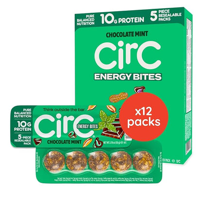 CirC Energy Bites - 12 Pack Mint Chocolate Chip Gluten Free Protein Balls - 10g Protein, Whole
