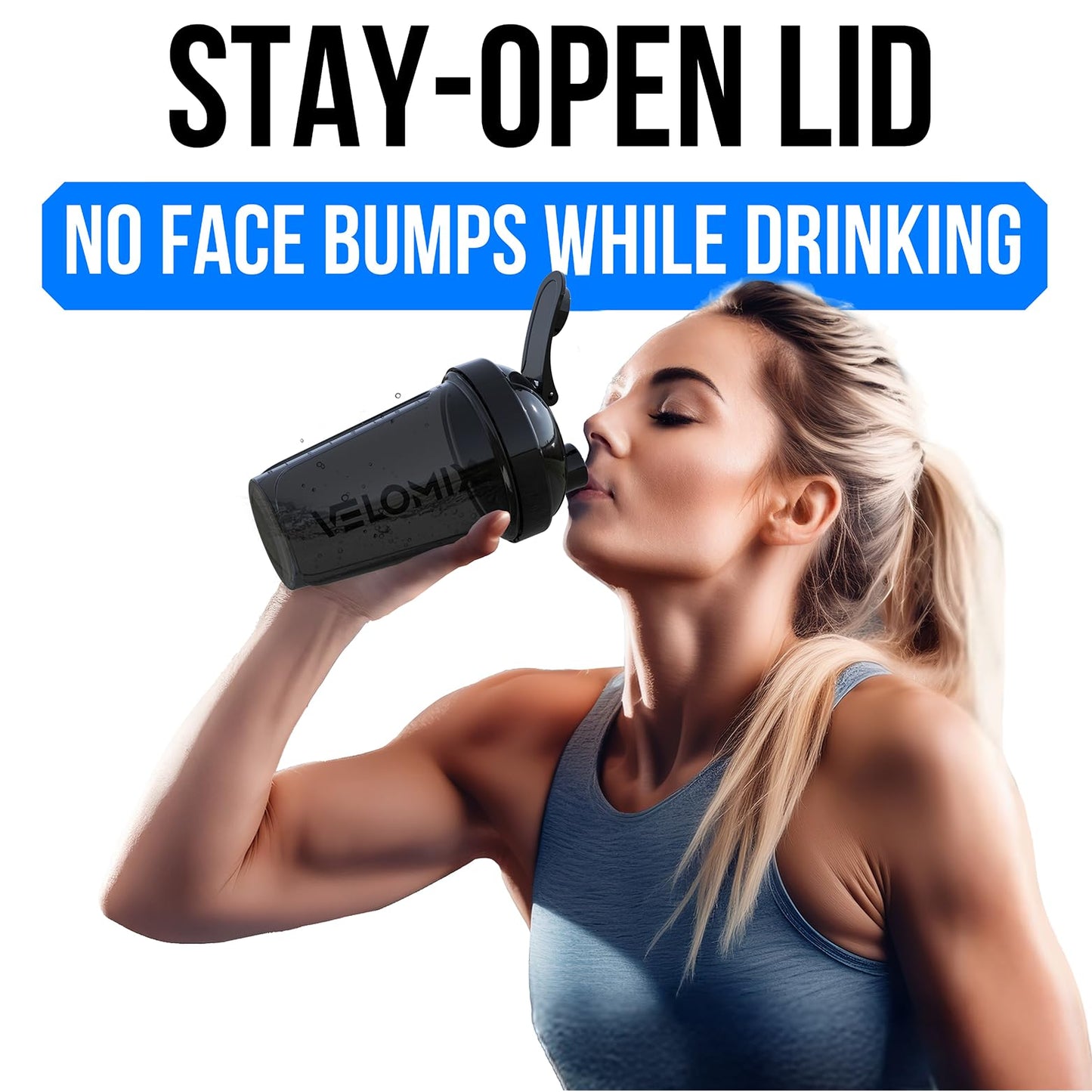 VELOMIX 2 Pack 20oz Protein Shaker Bottle for Protein Mixes, Black/Transpar