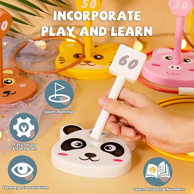 Animal Ring Toss Game Toy Set for Kids, 6 Targets Stands & 36 Rings Combo, Indoor Outdoor Party