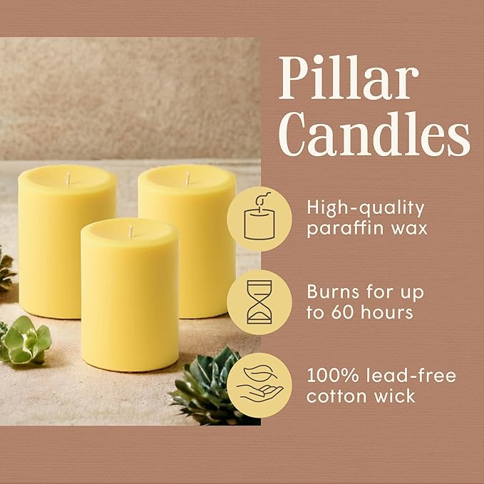Mister Candle Dripless Unscented Pillar Candles, Set of 3 Hand Poured Solid Color Non-Scented