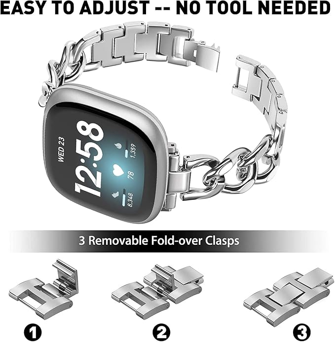 Cool Women Chain Metal Smartwatch Bands Compatible for Fitbit Sense/Fitbit Versa 3 Bands for Dressy